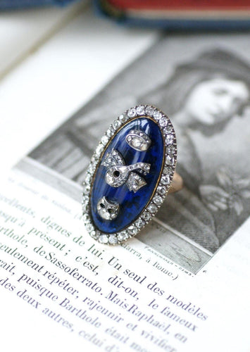 Bague 61 Bague navette en or rose 18k et argent, émail bleu et diamants 58 Facettes