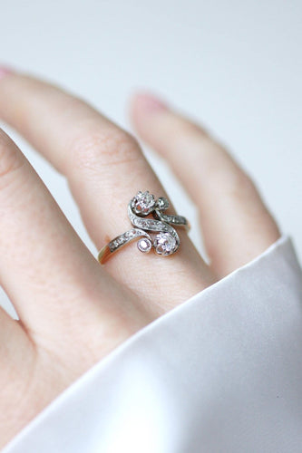 Bague 56.5 Bague Toi et Moi en or jaune 18k et platine, diamants 0,55 ct 58 Facettes