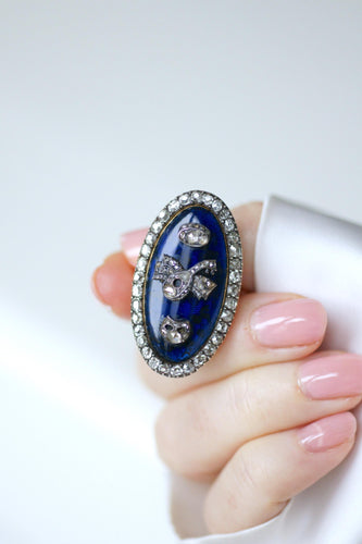 Bague 61 Bague navette en or rose 18k et argent, émail bleu et diamants 58 Facettes