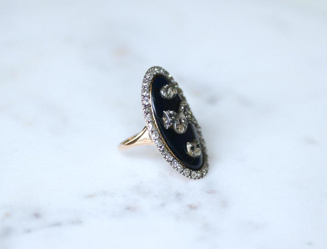 Bague 61 Bague navette en or rose 18k et argent, émail bleu et diamants 58 Facettes