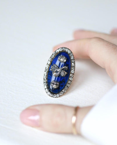 Bague 61 Bague navette en or rose 18k et argent, émail bleu et diamants 58 Facettes