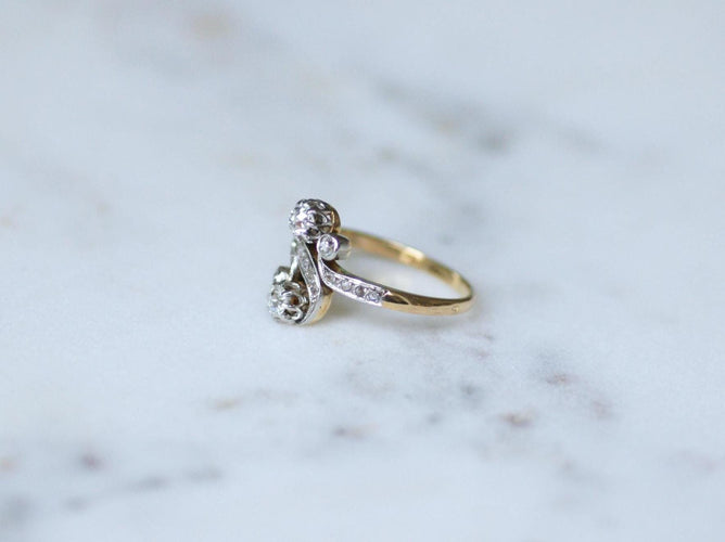 Bague 56.5 Bague Toi et Moi en or jaune 18k et platine, diamants 0,55 ct 58 Facettes