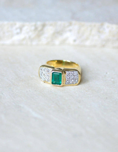 Bague 56 Bague vintage - Bague émeraude rectangulaire en or jaune et diamants 58 Facettes