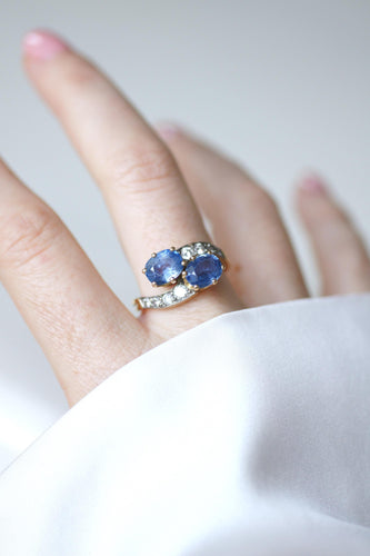 Bague 57 Bague Toi et Moi en or jaune et blanc et saphirs de Ceylan 58 Facettes