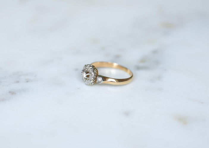 Bague 55 Bague marguerite ancienne en or rose 18kt et platine et diamants 58 Facettes