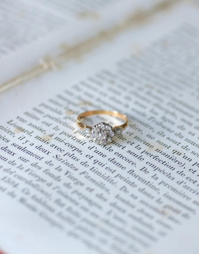 Bague 55 Bague marguerite ancienne en or rose 18kt et platine et diamants 58 Facettes