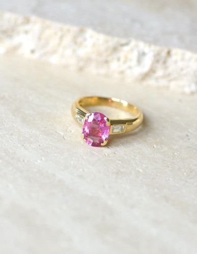 Bague 59.5 Bague tourmaline rose et diamants baguette en or jaune 18k 58 Facettes