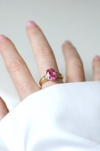 Bague 59.5 Bague tourmaline rose et diamants baguette en or jaune 18k 58 Facettes