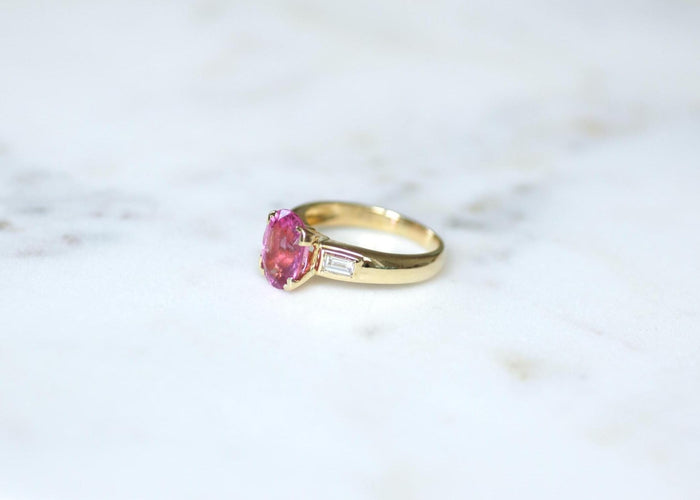 Bague 59.5 Bague tourmaline rose et diamants baguette en or jaune 18k 58 Facettes