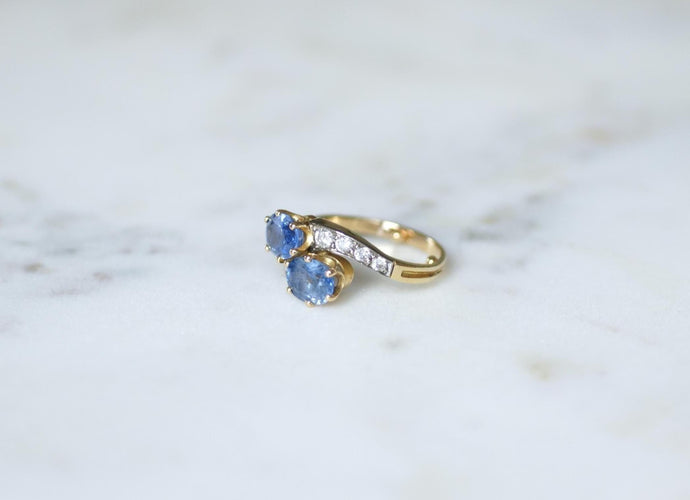 Bague 57 Bague Toi et Moi en or jaune et blanc et saphirs de Ceylan 58 Facettes