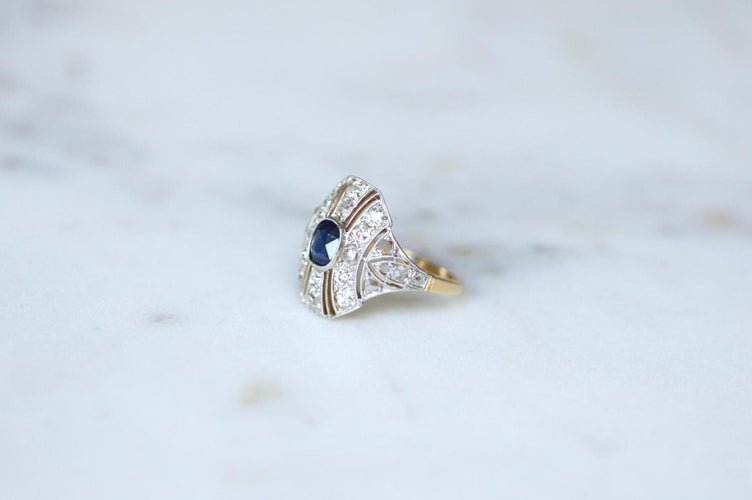 Bague 51 Bague dôme Art Déco en or jaune 18Kt et platine, saphir et diamants 58 Facettes