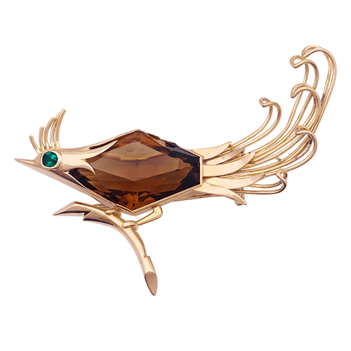 Broche Broche vintage Oiseau de Paradis en or rose avec citrine et émeraude 58 Facettes 34097