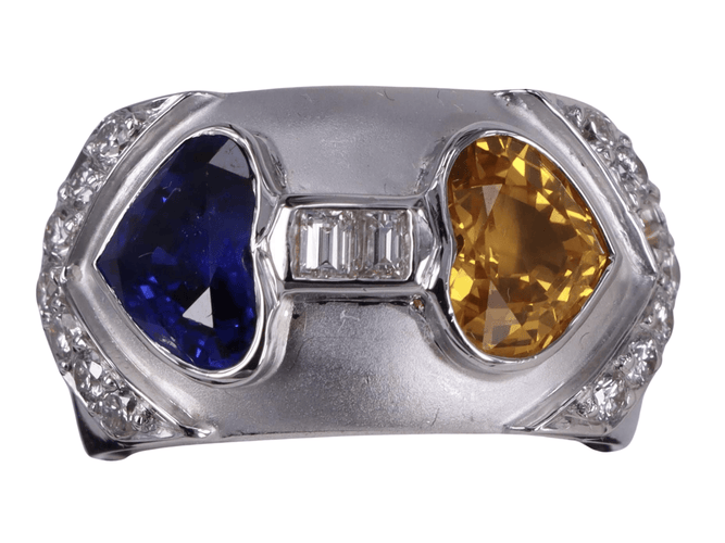 Bague Saphirs bleus et jaunes coeur vintage avec diamants 58 Facettes BA-1129