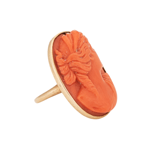 Ring 47.5 Antique Victorian Coral Cameo Ring Vintage Yellow Gold Large Cocktail 58 Facettes G12698