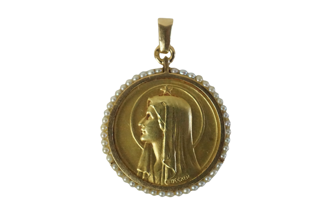 Pendentif Becker - Médaille religieuse Maris Stella en or et perles fines 58 Facettes