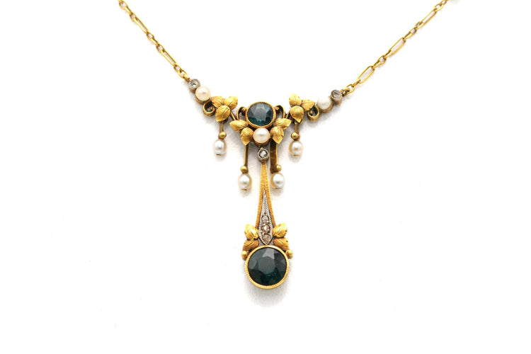 Collier Collier Art Nouveau tourmalines, perles et diamants taille rose en or jaune 18 carats 58 Facettes 22936
