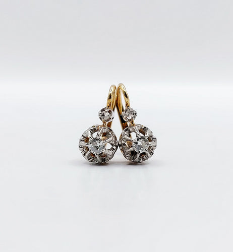 Boucles d'oreilles Dormeuses or jaune, diamants taille ancienne et diamant taille rose (circa 1900) 58 Facettes A05647