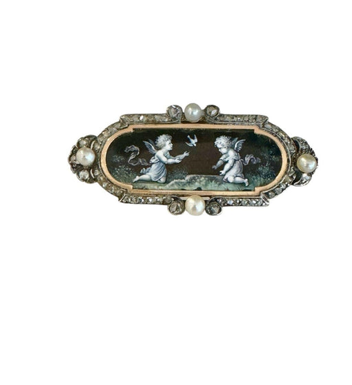Brooch Brooch in Gold and Silver enamelled with Cherubs 58 Facettes