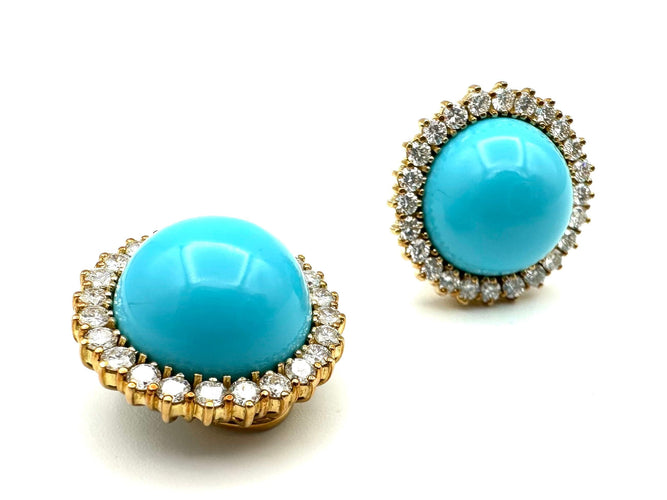 Boucles d'oreilles Paire de boucles d’oreilles or jaune, turquoises et diamants 58 Facettes