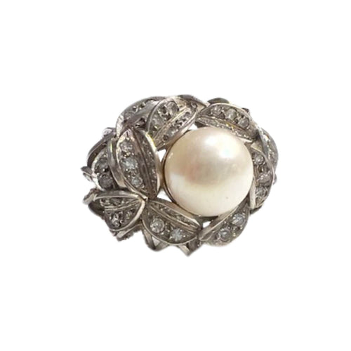 Bague 57 Bague style rétro 1945 en platine avec diamants et perle 58 Facettes A1139 (4402)