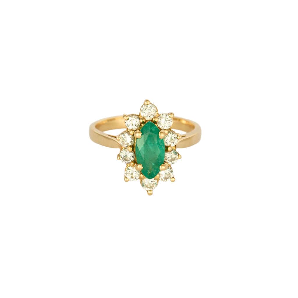 Bague En Or Jaune 18 Carats Avec émeraude Et Diamants – Taille 13/53, Occasion
