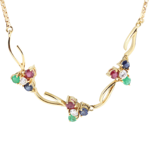 Collier Collier ras-de-cou vintage en or jaune 14 carats orné de diamants, d'émeraudes, de saphirs et de rubis 58 Facettes 159/24T