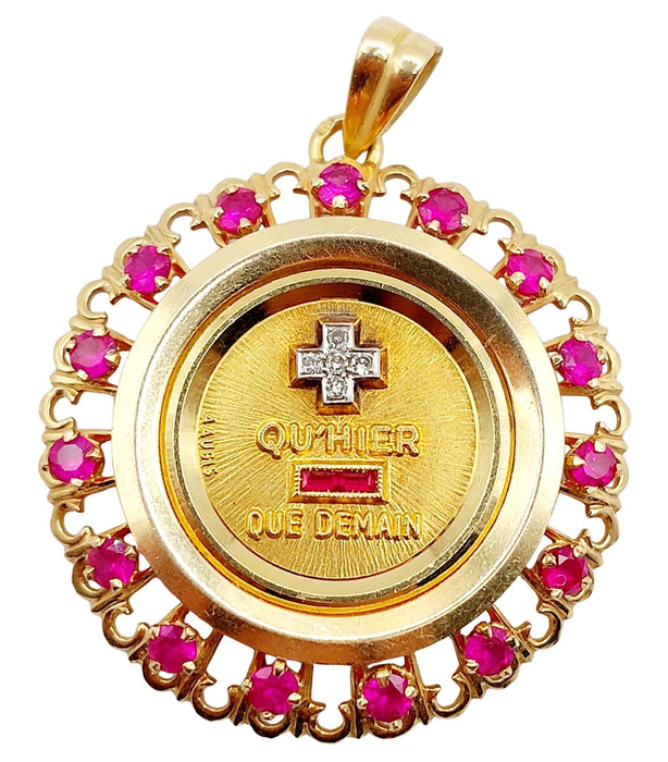 XXL Pendentif médaille d'amour Augis 33 mm or jaune diamant rubis hier demain