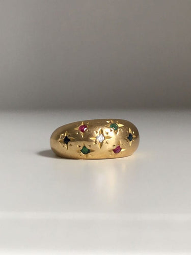 Bague 51 Bague boule en or jaune, diamant, rubis, saphirs, émeraudes 58 Facettes