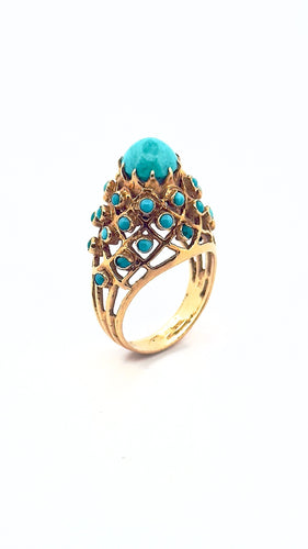 Bague ancienne en or jaune et turquoises