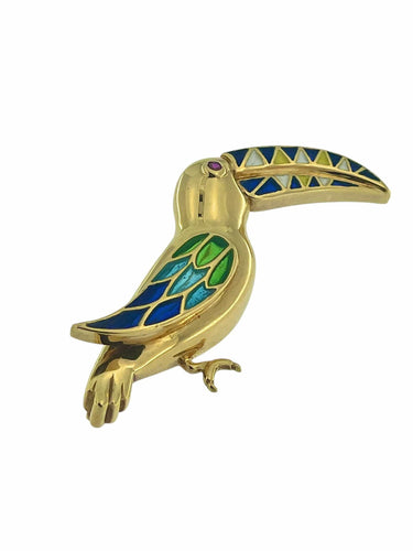 Broche Broche toucan vintage en or jaune avec émail et rubis 58 Facettes