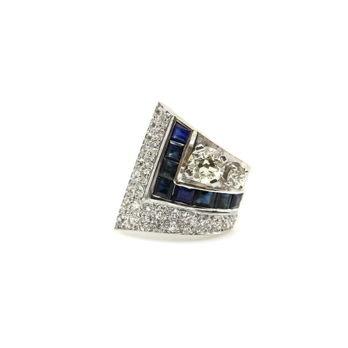 Art Deco Platinum Topped Diamond and Sapphire Ring with 14K Gold Shank