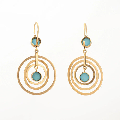 Boucles d'oreilles turquoise vintage en or jaune 18 carats, gouttes concentriques mobiles de 2 pouces