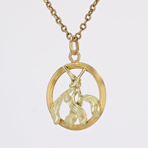 Pendentif Pendentif ancien feuilles de gui or vert et perle fine 58 Facettes 24-145