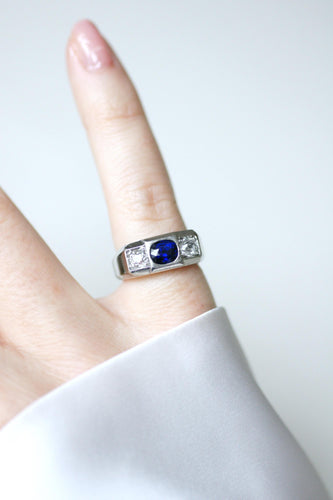 Bague 47 Louis Heissler - Bague chevalière Art Déco en platine avec saphir et diamants 58 Facettes