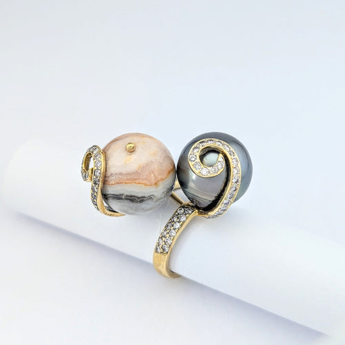 Bague Bague cocktail en or jaune perle grise de Tahiti et agate 58 Facettes 32034