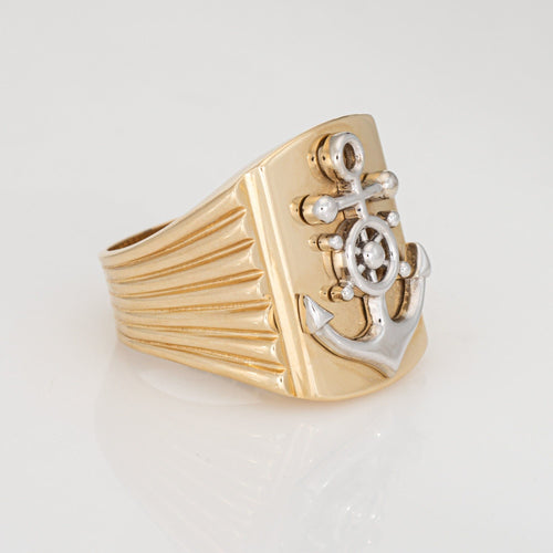 Bague Bague vintage ancre, taille 12,5, or jaune 14 carats, motif gouvernail de navire, bijou nautique pour homme 58 Facettes G14082