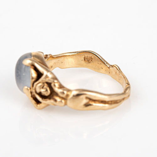 Antique Art Nouveau Moonstone Ring Sz 4.75 Nude Figural Vintage 14k Yellow Gold 58 Facettes G14162