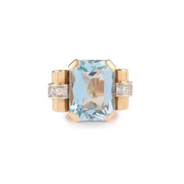 Bague 55 Bague Tank Retro Aigue Marine Diamants Or Rose 58 Facettes B308