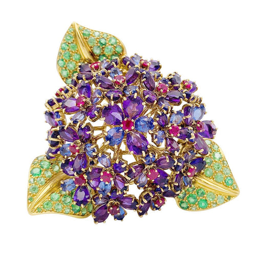 Pendentif Clip René Boivin, "Bouquet de Violettes", or jaune, gemmes de couleur. 58 Facettes 30363