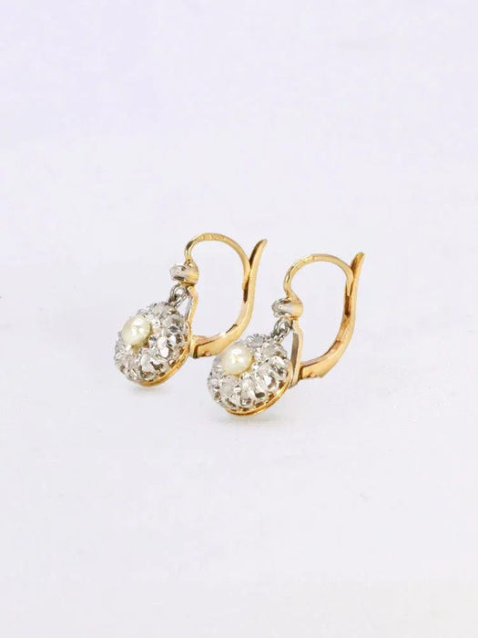 Boucles d'oreilles Boucles d'oreilles dormeuses anciennes perles diamants taille rose 58 Facettes J538