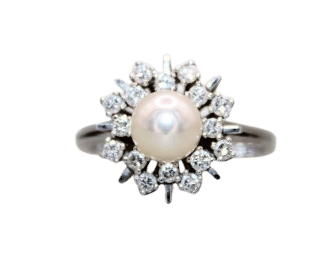 Bague 59 Bague marguerite or blanc, perle centrale, diamants 58 Facettes
