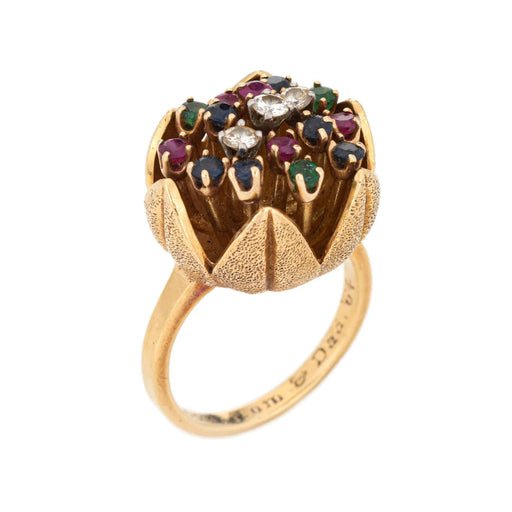 Ring 50 60s Diamond and Gemstone Tulip Ring, Vintage Yellow Gold 58 Facettes G12692