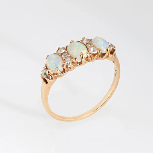Bague Bague antique victorienne en or jaune 14 carats avec diamants et opale Trilogy 6,5 Bijoux vintage 58 Facettes G13699