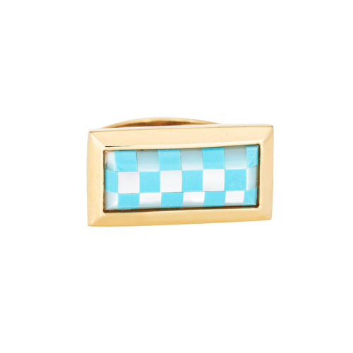 Bague 54 Bague damier en or jaune incrustée de turquoise 58 Facettes G13964