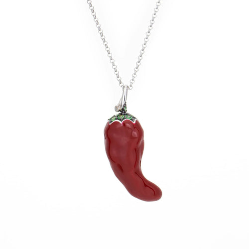 Collier Collier Red Hot Chili Pepper Diamant Tsavorite Grenat Émail Or Blanc 14 carats 58 Facettes G13207