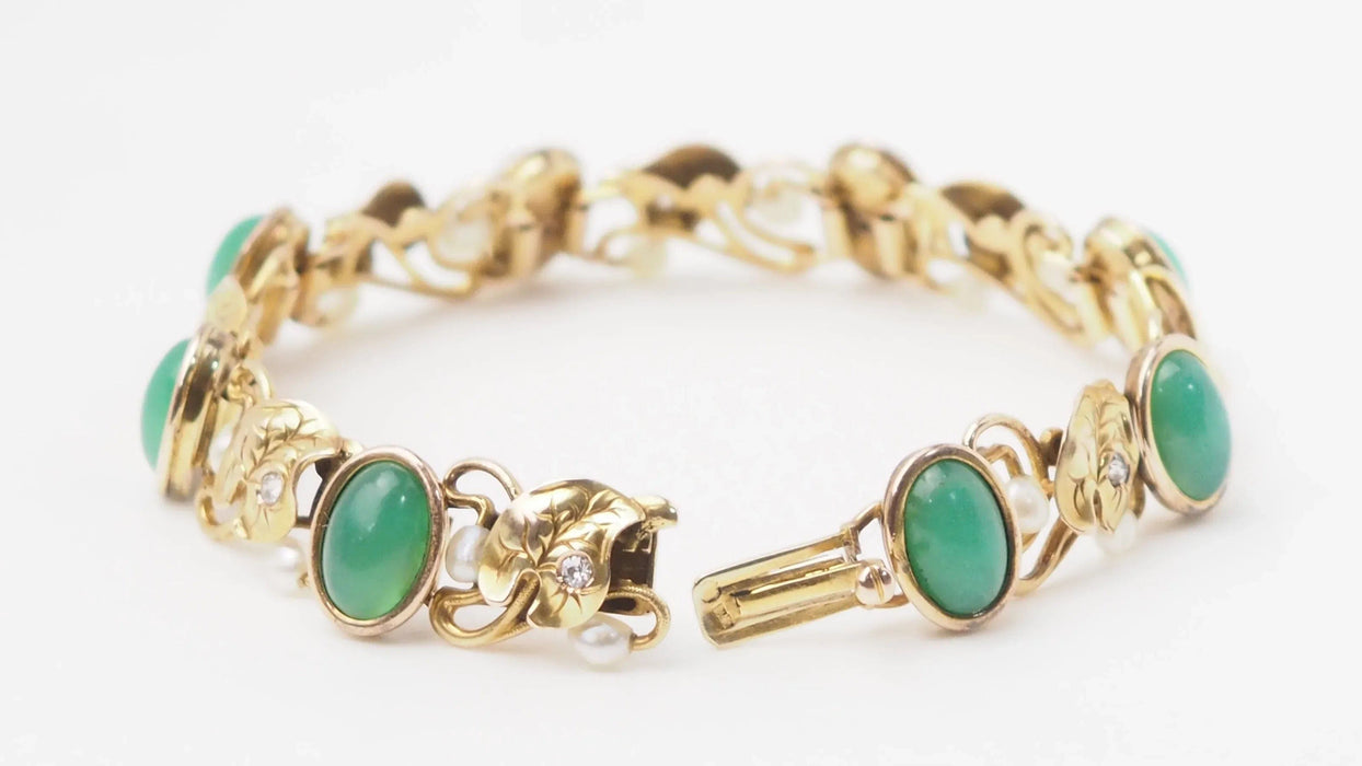 Bracelet Bracelet or jaune chrysoprases diamants et perles fines 58 Facettes 32781