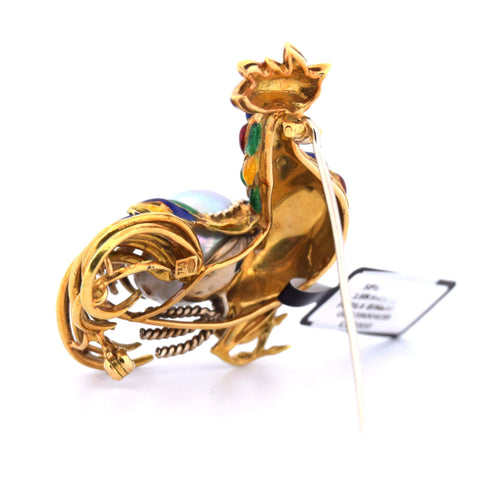 Broche Broche animalière coq en or jaune 18 kt, émaux et perle baroque 58 Facettes