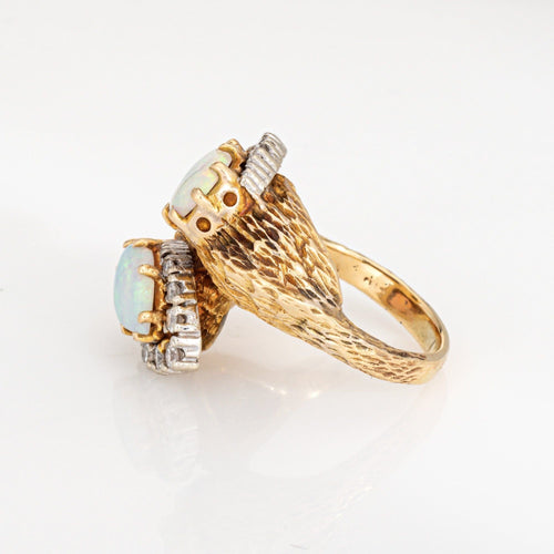 Bague 47 Bague en or jaune vintage avec opale et diamant des années 60 Toi et Moi 58 Facettes G13973