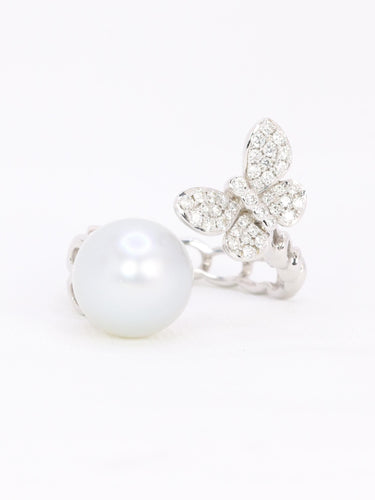 Bague toi et moi Perle & Papillon or blanc diamants