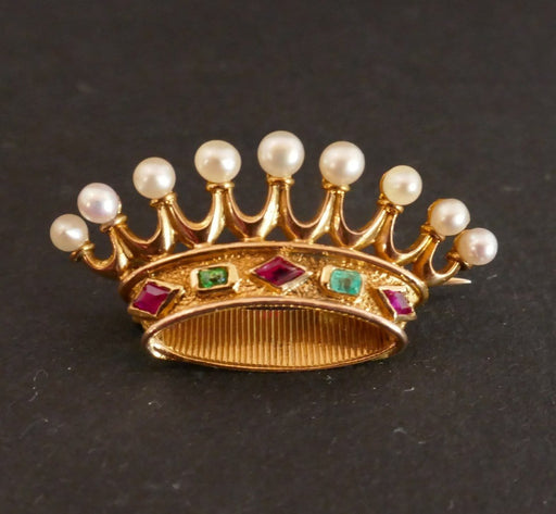 Brooch Count's Crown Brooch, Pearls, Emeralds and Rubies, Gold 58 Facettes